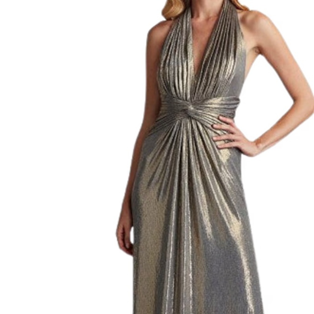 SOLD Tadashi Mona Pleated Metallic Halter Gown size small